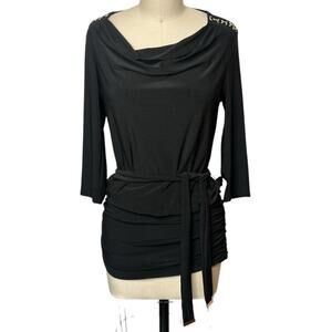 WHBM Black Gold Shoulder Accents Belted Cowl Neck Stretch Top Blouse Women's M